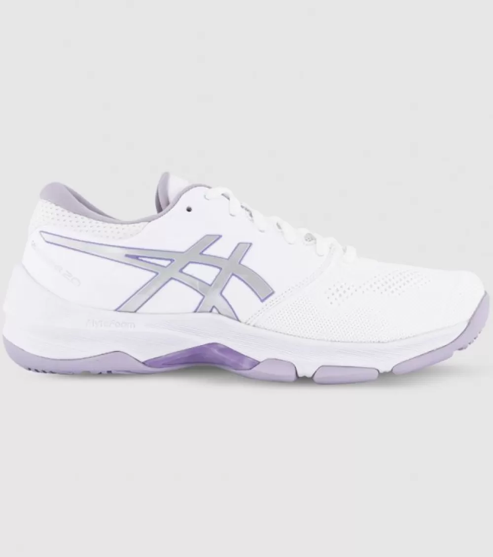 Outlet Asics Gel-Netburner 20 (D Wide) Womens Netball Shoes White Pure Silver Purple