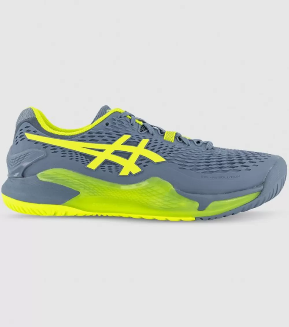 Hot Asics Gel-Resolution 9 Mens Tennis Shoes Steel Blue Hazard Green