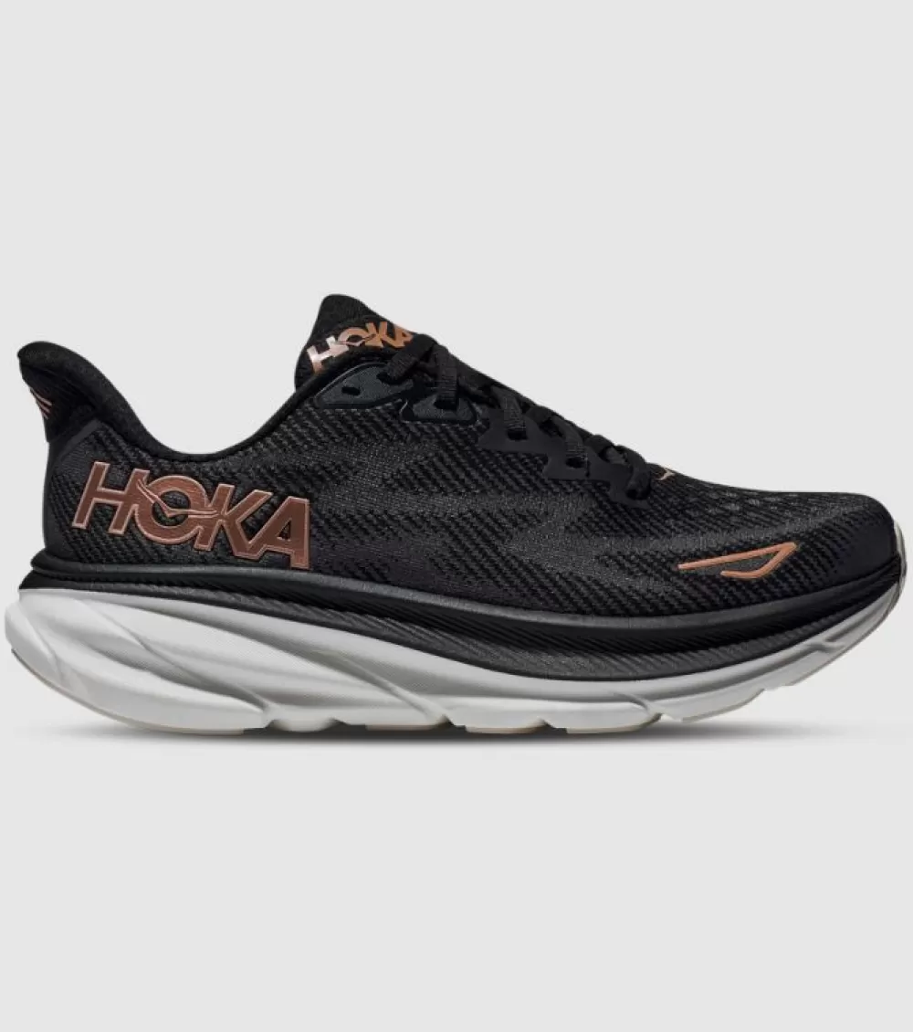 Discount Hoka One One Clifton 9 (D Wide) Womens Black Rose Gold