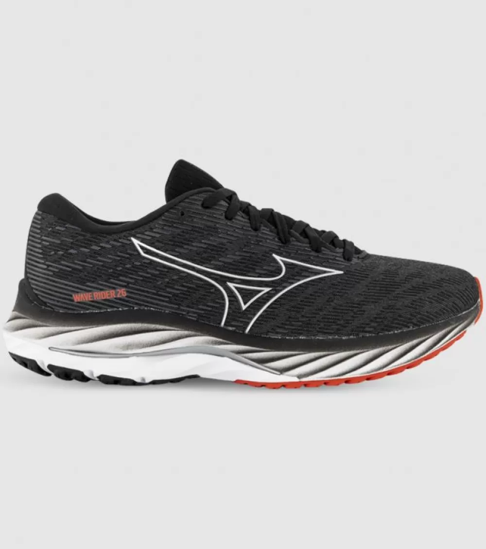 Outlet Mizuno Wave Rider 26 (2E Wide) Mens Black Silver Bittersweet