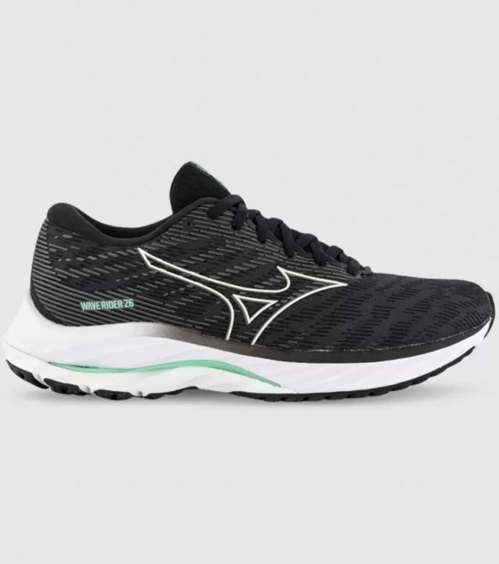 New Mizuno Wave Rider 26 (D Wide) Womens Black Nimbus Cloud Biscay Green