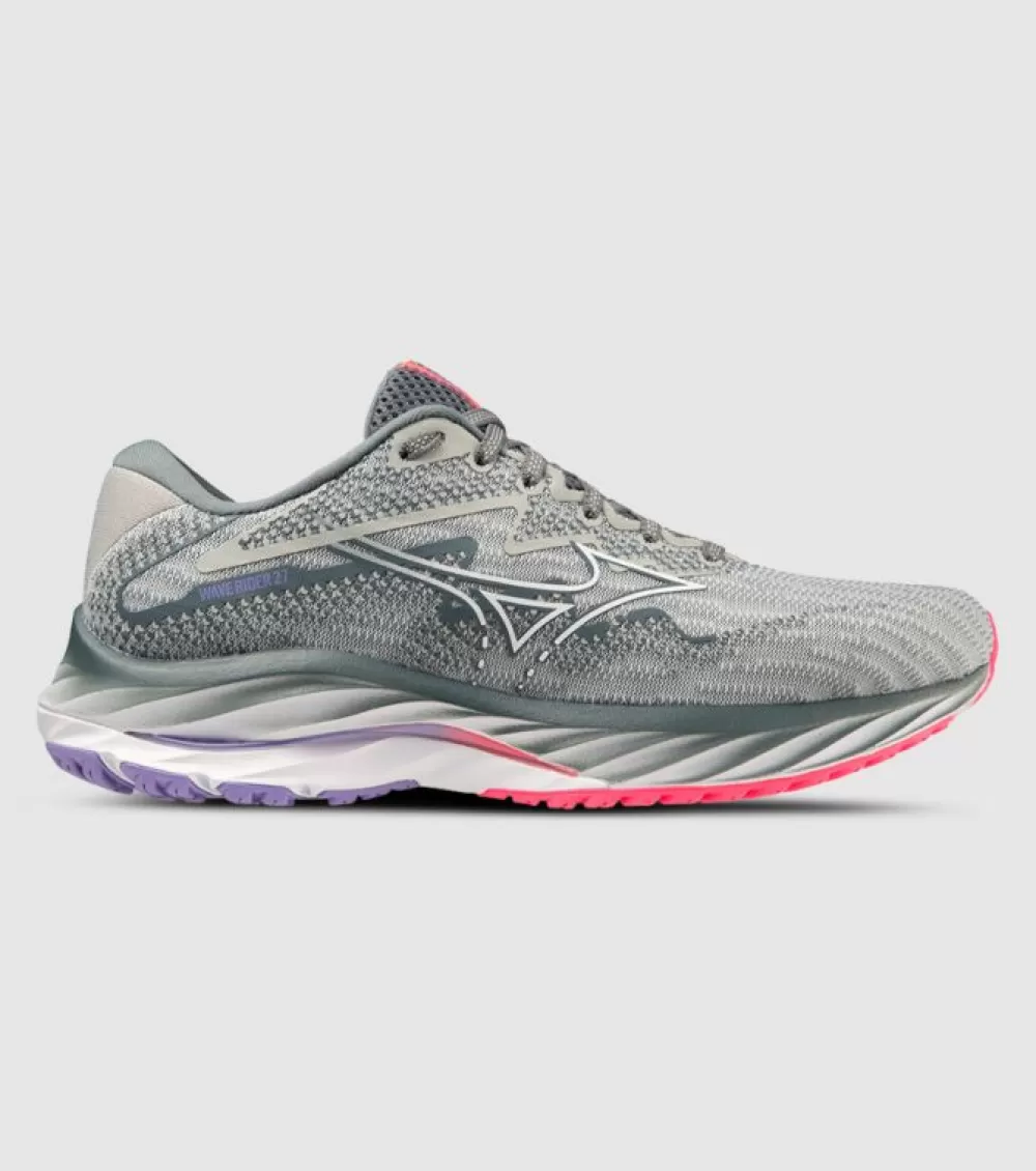 Best Sale Mizuno Wave Rider 27 (D Wide) Womens Pearl Blue White High Vis Pink